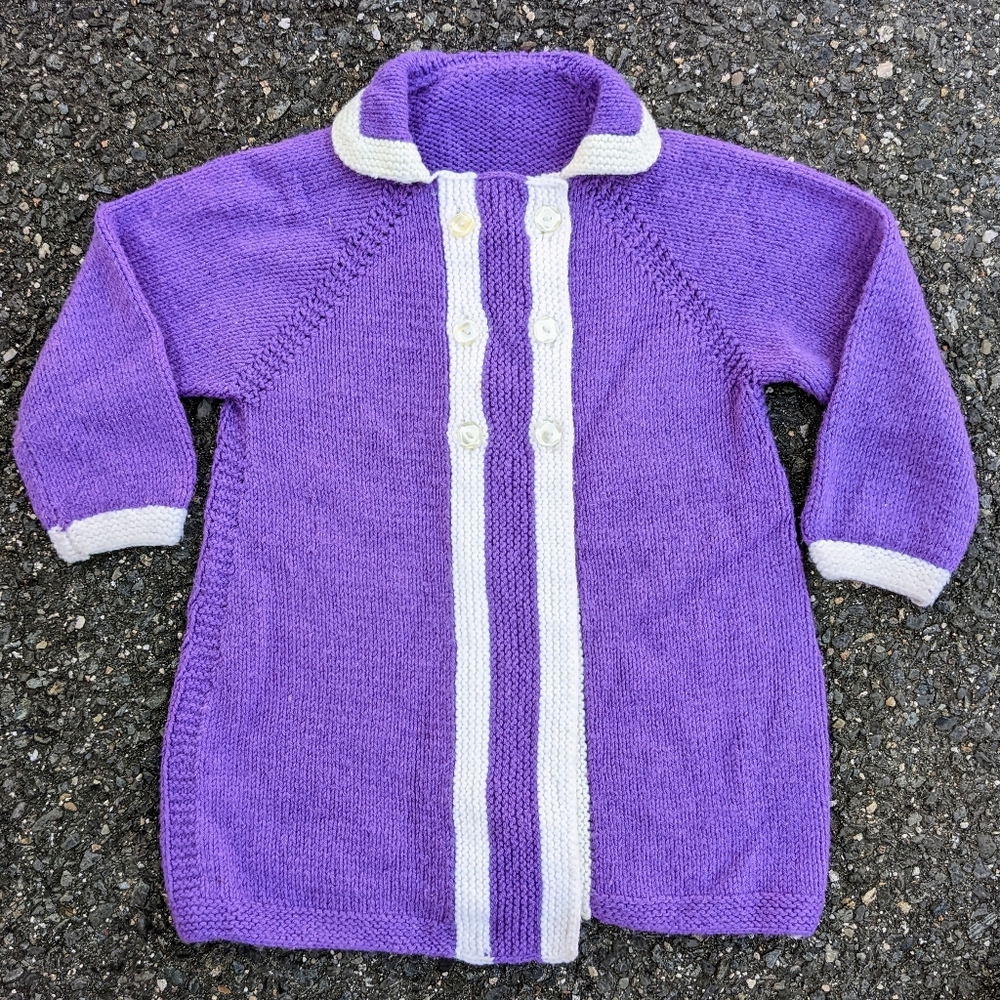 Vintage 50s 60s Handmade Purple & White Trim Wool Cardigan Sweater Sz XS Retro.